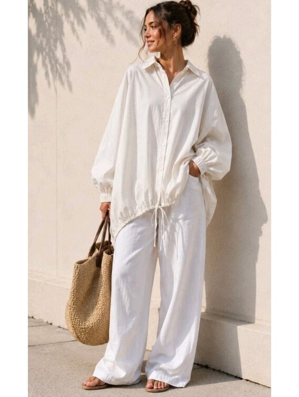 Zara Women's oversized button-up shirt L-XL Ecru Poplin Parachute Blouse #CC